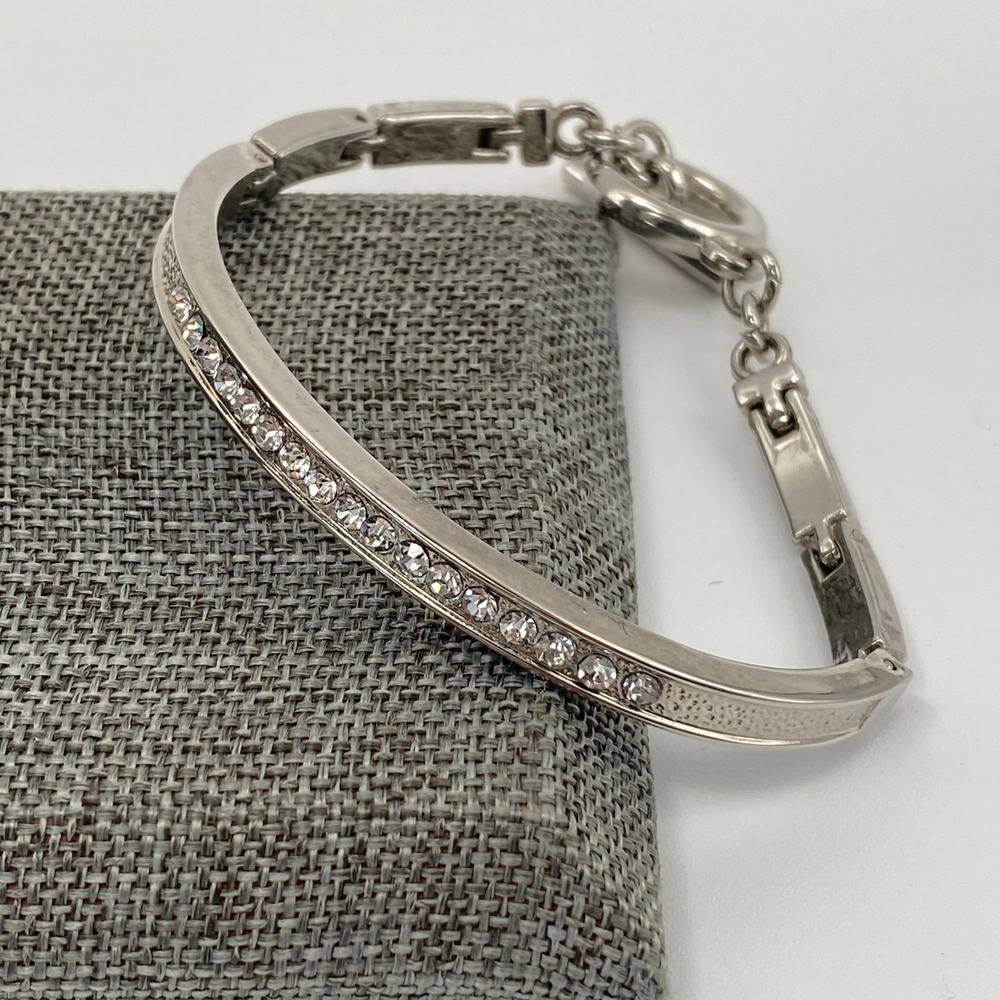 Vintage Bangle Bracelet Silver Tone Estate Crystal Toggle Clasp 7.5 Inch